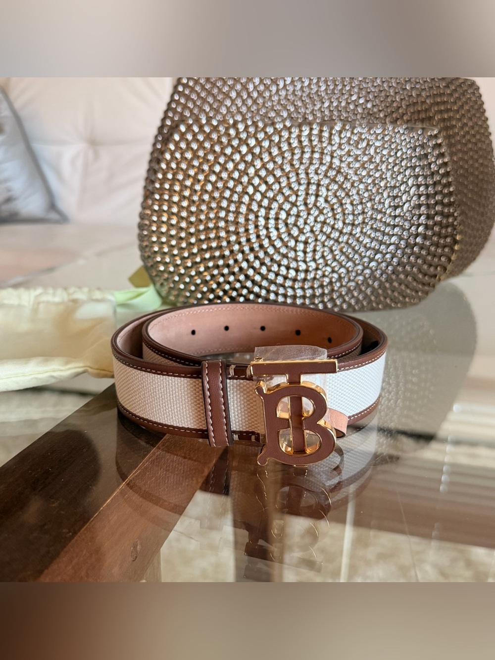 Burberry Cream Canvas and Brown Leather TB Logo Belt Size S